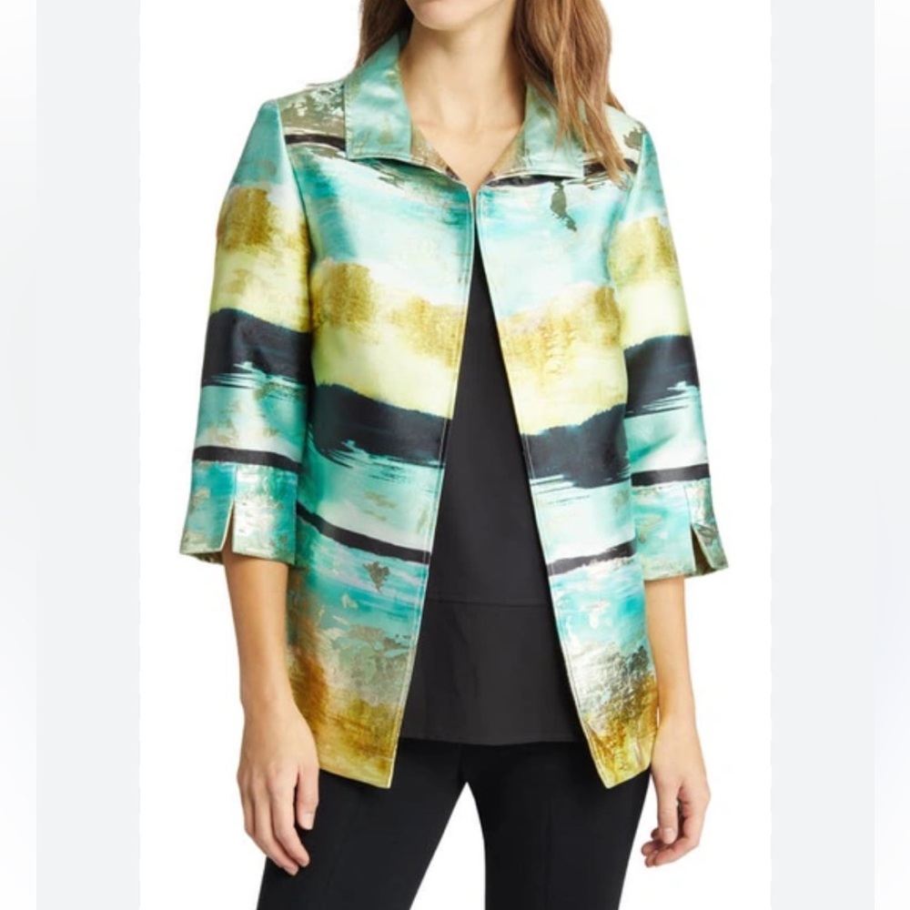 Ming Wang Landscape Brushstroke Metallic Jacket Blazer Medium Art To Wear Artsy